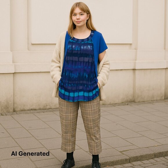 Coldwater Creek Blue Sz L/14 Blouse Abstract Print Short Sleeve Flowy Elegant - Picture 8 of 13